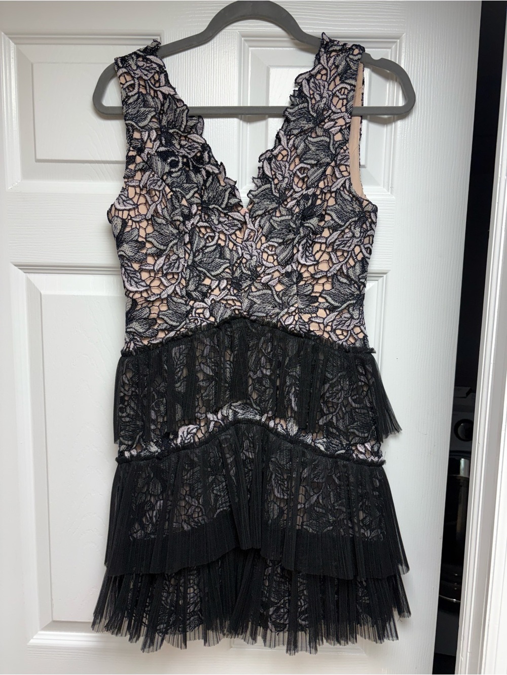 BCBGMaxAzria Black Lace Over Blush Tiered V-Neck Mini Dress